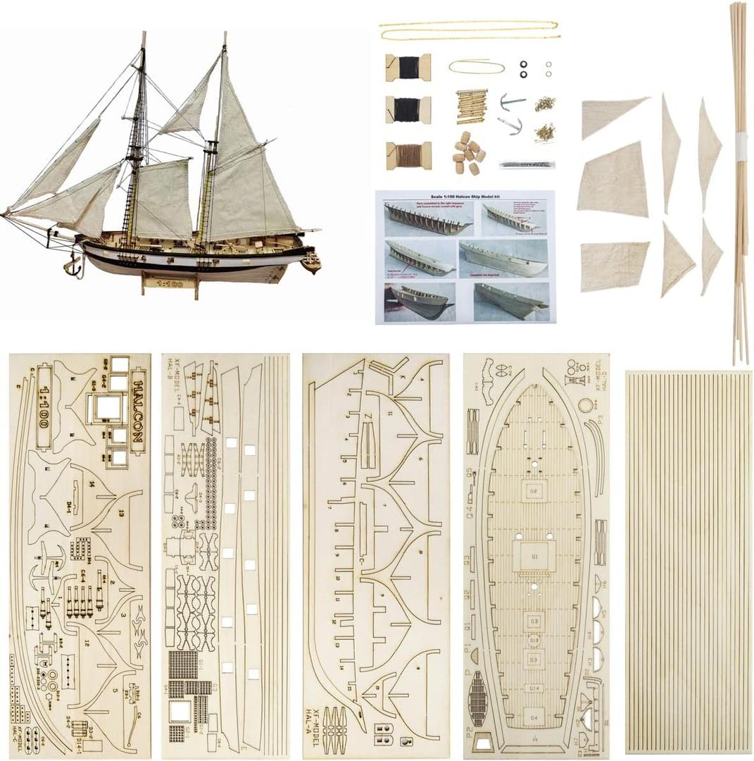 GAWEGM Wood Ship Model Kits for Adults to Build - Scale 1/100 1840 Halcon Baltimore Ship Wooden Model Kit, with Brass Upgrade Accessories, for Collections, DIY Handmade Crafts