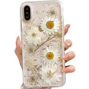 for iPhone X/iPhone Xs Clear Case with Pressed Real Flowers Design,Glitter Cute White Floral Pattern Slim Soft TPU Protective Women Girl's Phone Cover for iPhone X/Xs