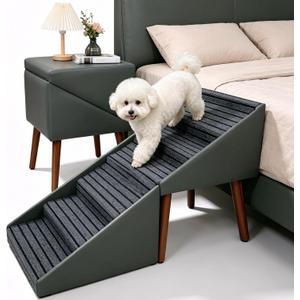22.5" H Dog Ramp for Small Dogs - 2-in-1 Leather Foldable Dog Stairs for High Bed & Couch, Converts to Ottoman/Bedside Table - 6-Steps Non Slip Ramp for Medium, Puppy, Senior & Injured Pets