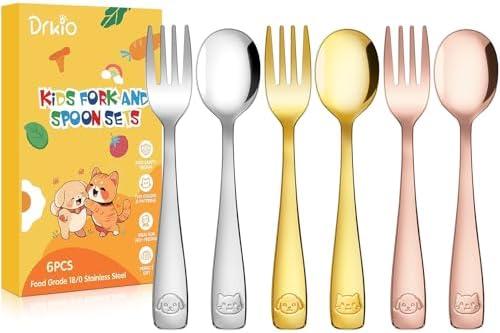 Pack of 2 DRKIO Stainless Steel Toddler Utensils Set - 6 Pieces Kids Silverware Set Children Safe Food Grade Small Forks and Spoons Dishwasher Safe Mirror Polished