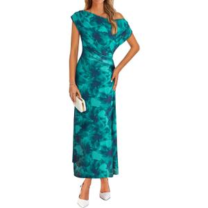 BLENCOT Women's Floral Off Shoulder Maxi Dress Ruched Bodycon Summer Wedding Guest Party Gown (XL, Green)