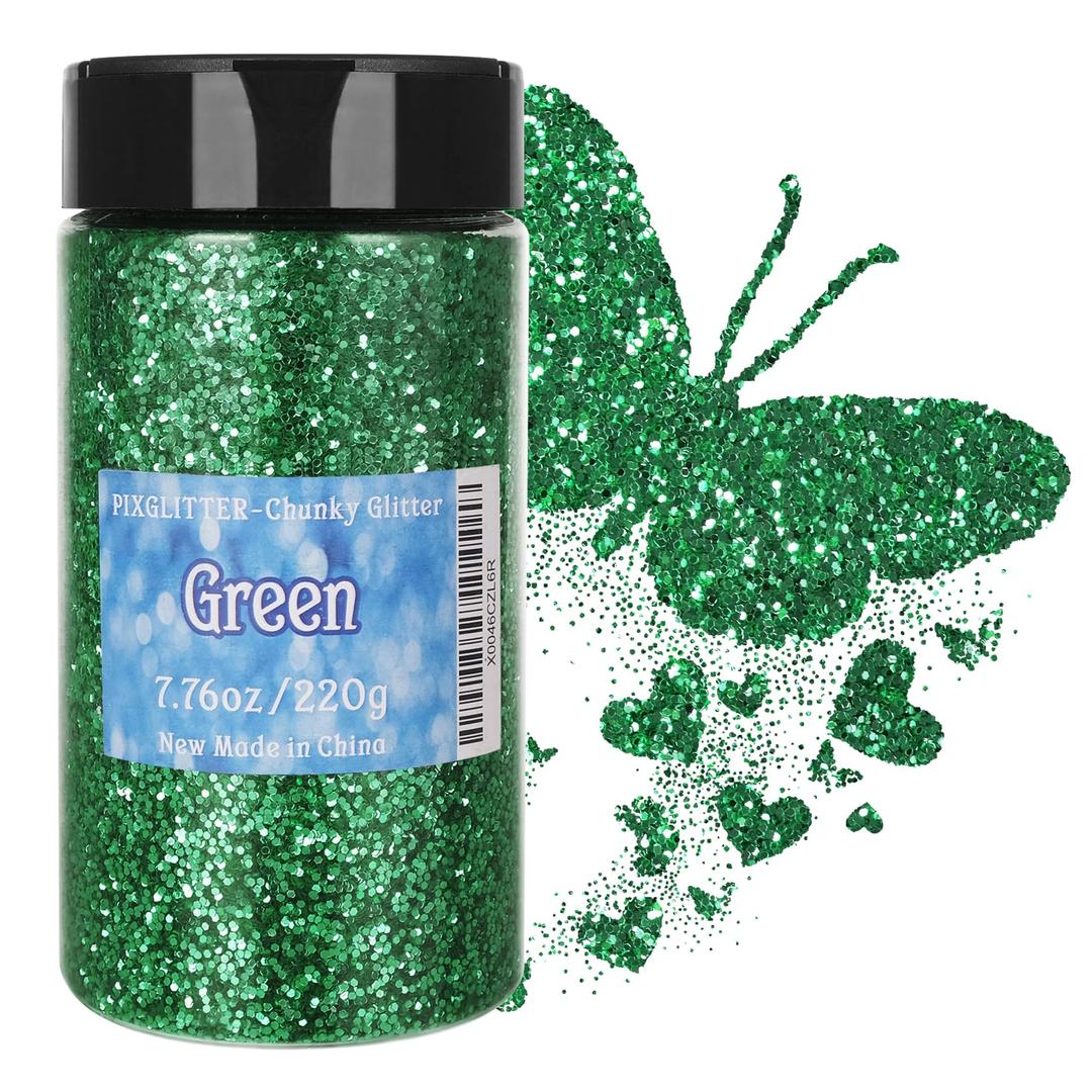 PIXGLITTER Green Chunky Glitter, 14.11oz/400g Craft Glitter Powder for Epoxy Tumblers, Hair Face Body Eye Nail Art Festival, DIY Party Decorations