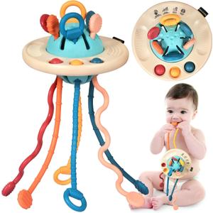 Baby Sensory Montessori Teething Toys for 24 Months, Pull String Silicone Teething Toy for 2 3 Year Old, Sensory Development Toddler Travel Toys for 2-3 Year Old Boy Girl Birthday Gifts (White)