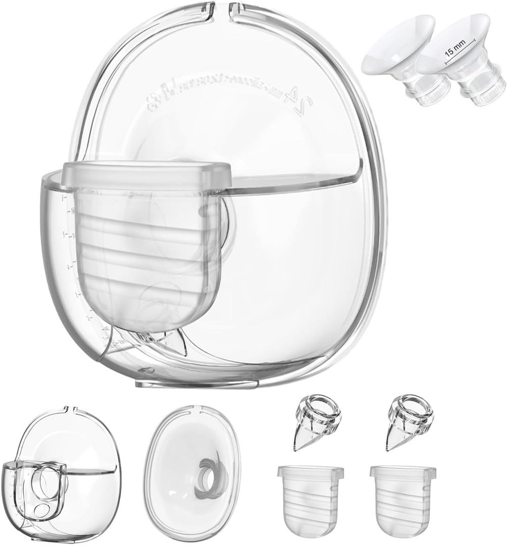 Wearable Breast Pump Replacement Parts, Milk Collector Cup, Compatible with Lansinoh Discreet Duo Nuliie S32 Pump, Include Duckbill Valve, 24mm Flange, Silicone Diaphragm, Linker, 15mm Flange Inserts