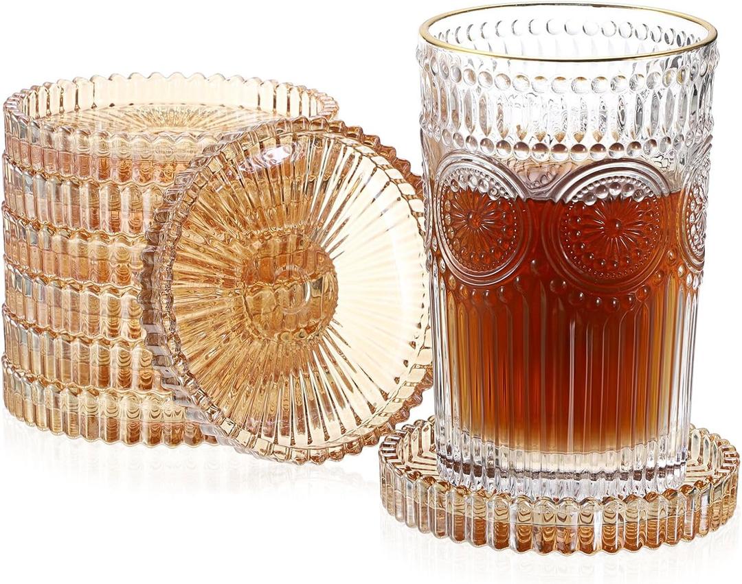 JUXYES 8 Pack Amber Tone Crystal Coasters Round Cup Mat, Glass Coasters for Drinks Coffee Tea Wine, Decorative Wine Bottle Coasters, Crystal Drink Coasters for Restaurant bar Kitchen Dining Table