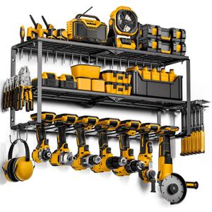 Power Tool Organizer Wall Mount - 150Lbs 7 Drill Holders 3 Layer Heavy Duty Metal Tool Storage Rack,Garage Tool Organizer and Storage with Hammer Holder/Screwdriver Holder/Plier Holder - Gifts for Men