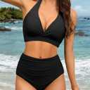 Women's Halter Bikini Sets High Waisted Tummy Control Swimsuit V Neck Push Up Bathing Suits (Black, L)