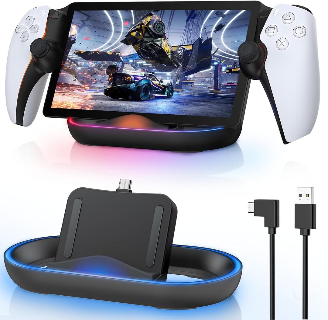 FASTSNAIL Charging Stand for PS Portal Remote Player, Portable Charge Dock Station with 14 RGB Light Modes and Type-C Cable, Charge Base Holder Accessories for PlayStation 5 Portal Console -Black