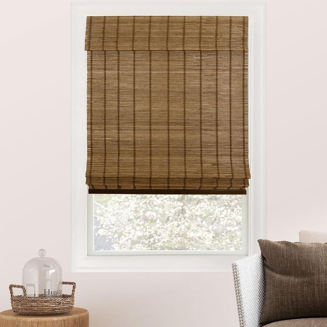 CHICOLOGY Bamboo Roman Shade, Cordless Light Filtering Woven Wood Window Treatment for Living Room, Dining Room, Kitchen & Office, Natural Bamboo Blinds for Boho Coastal Decor, Elk, 34"W x 64"H