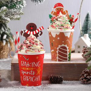 2 Pack Christmas Tiered Tray Decor with Faux Whipped Cream Cups Santa Claus Mug Hot Cocoa Decor Christmas Table Centerpiece for Xmas Shelf(Gingerbread Man,Red and Brown)