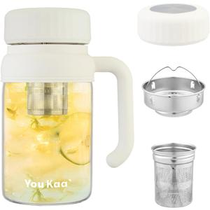32oz Glass Water Bottle, Tea Bottle with Infuser & Handle, BPA-Free Leakproof Wide Mouth Large Tea Infuser cup for Hot or Cold Drinks, Loose, Fruit (White)