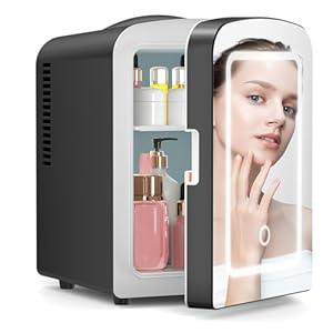 Xbeauty Skincare Mini Fridge With Dimmable LED Mirror, 4L Mini Makeup Refrigerator for SkinCare, Cosmetics, Food & Drinks, Portable Small Refrigerator for Bedroom, Dorm, Car, Office, Black