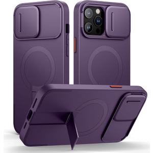 SURITCH for iPhone 13 Pro Max/12 Pro Max Case with Magnetic Camera Slide Cover and Adjustable Kickstand, Compatible with MagSafe, Shockproof Bumper Case Slim Protective Cover 6.7 Inch, Dark Purple