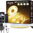 COB LED Strip Light 3000K 40FT/12M warm white led strip Dimmable High Lumen Strip with IR Remote 24V UL Certified Adapter Suitable Adhesive Indoor COB LED Strip for Bedroom Living Room, Shelf, Cabinet