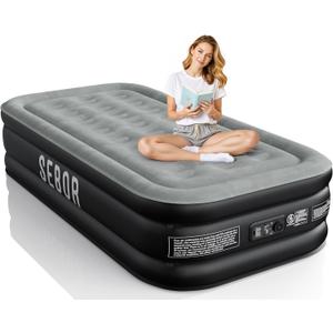 Sebor Air Mattress Twin with Built-in Pump 18", Comfortable Self-Inflating Air Mattress with High-Speed Pump, Durable Blow Up Mattress Twin with Storage Bag for Guests, Camping, Travel (Black Gray)