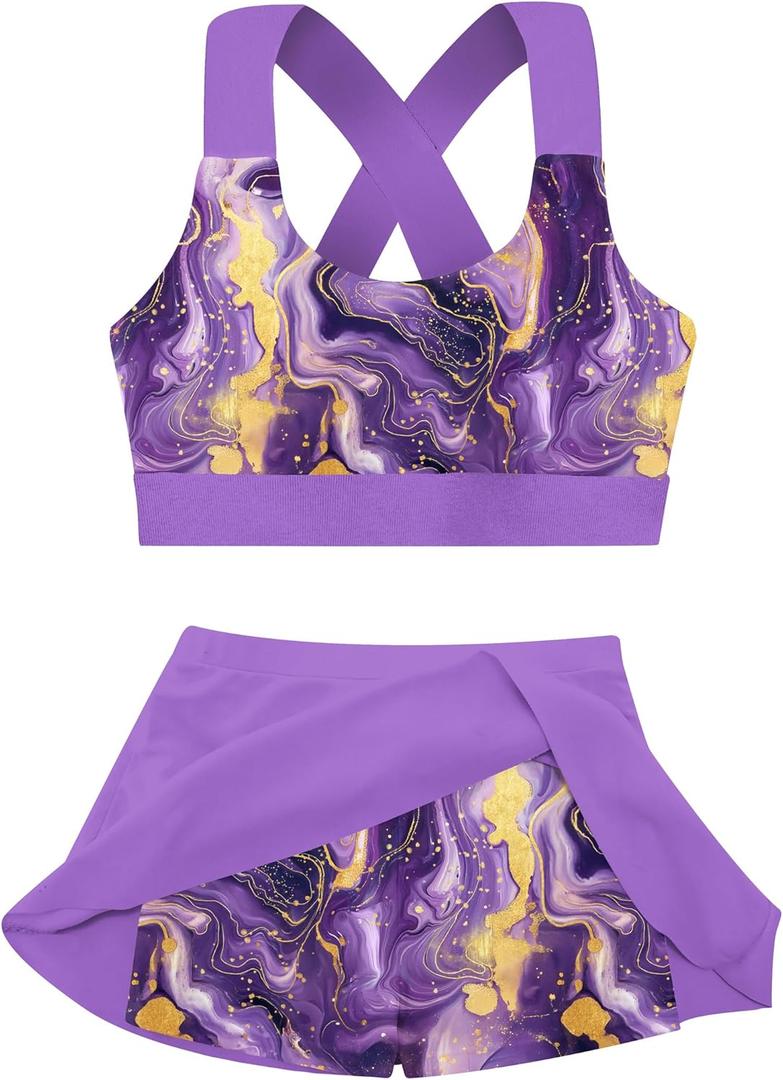 AIDEAONE Girls Swimsuit Two Piece Tankini Skirt Set with Boyshort Summer Beach Bathing Suit Size 6-14 (6-7 Years, Purple)