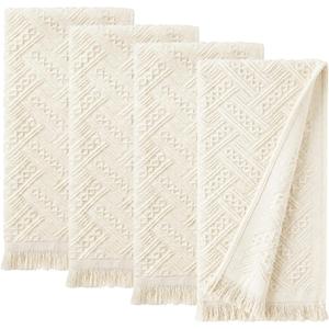 4-Pack Luxury Decorative Cotton Hand Towels for Bathroom Super Absorbent with Jacquard Weave&Fringe 13x29.1" Beige Boho Hand Towel Set,Soft Face Towel for Boho Bathroom Decor Kitchen Hotel Spa Guest