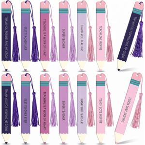 AmazingSpark 12 Pcs Teacher Appreciation Bookmarks Gifts Acrylic Pencil Creative Book Marks with Tassel Teacher Appreciation Theme Gifts for Women(Pink Purple)