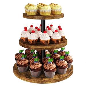 IBUYKE 3 Tier Cupcake Stand,Wood Durable Cupcake Tower,Round Serving Display Stand,Dessert Table Display Tree Tower for Birthday,Home Party, Wedding, Baby Shower,Rustic Brown UTLJ017H