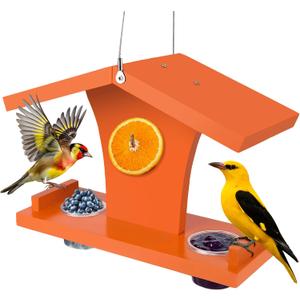 Oriole Feeder, Oriole Feeders for Outdoors, Wooden Feeder for Oriole Birds with Pegs for Orange Halves, 6 Removable Cups for Jelly or Jam,Fruit,Nectar or Seed, Orange