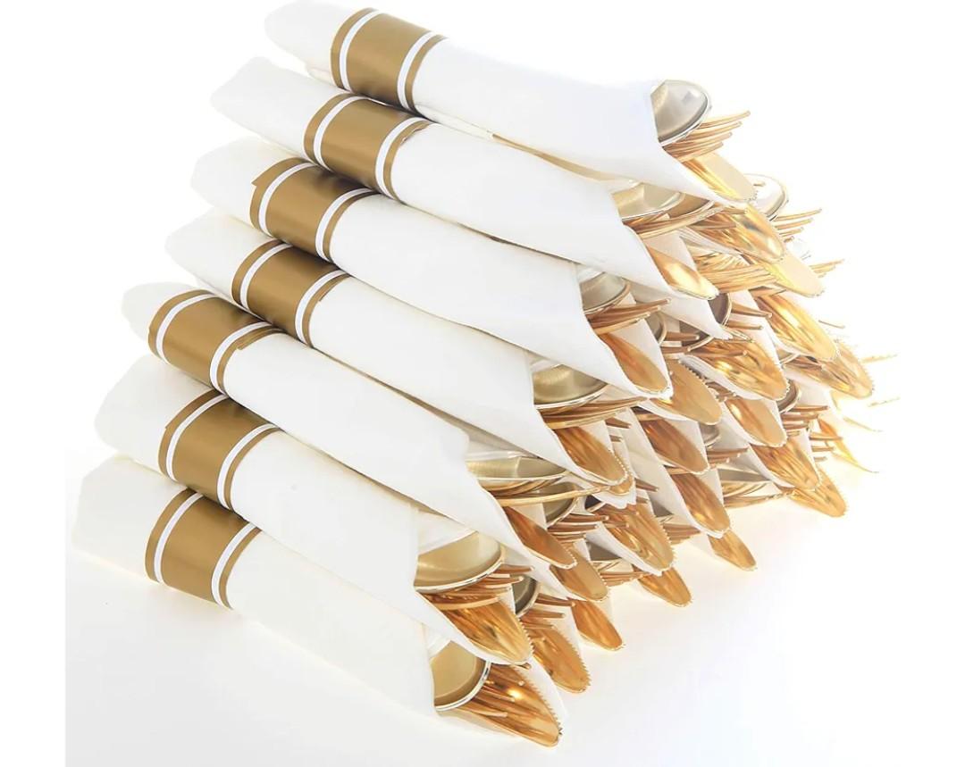 Supernal Pre Rolled Napkin with Gold Plastic Silverware Set of 30pack, Disposable Gold Silverware with Linen Napkin, Heavy Weight, Wrapped Plastic Silverware Suit for Wedding, Catering Event, Party