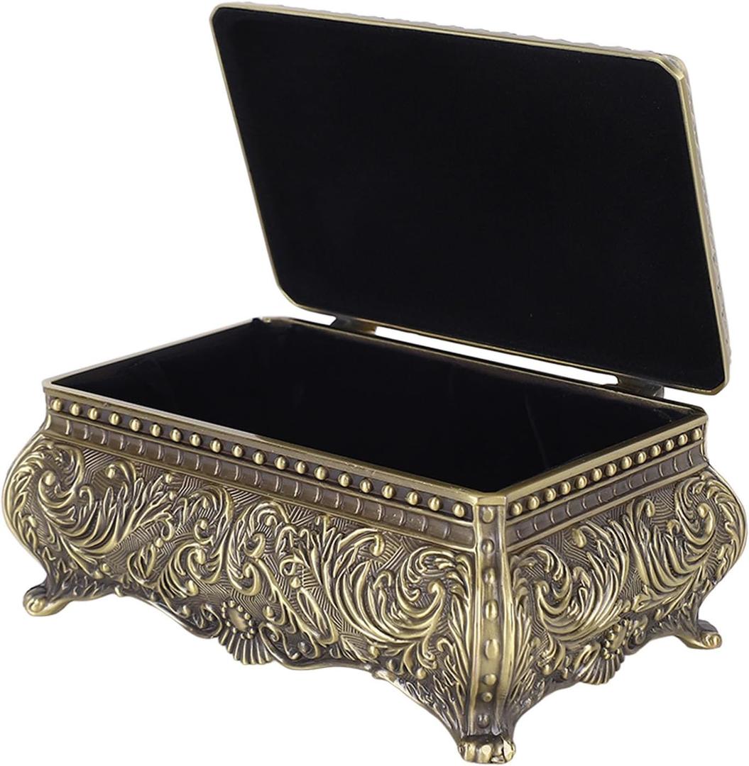 Metal Jewelry Box Wedding Souvenir Gift Trinket Box Rectangle Carved Box for Rings Earrings Necklace 12.8 X 8.5 X 6.5cm (Bronze)
