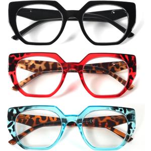 MMOWW 3 Pack Oversized Cateye Reading Glasses for Women Fashion Blue Light Blocking Readers with Spring Hinges, Magnification Strength: 1.5 x