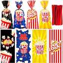 Teling 100 Pcs Popcorn Bags for Party, Popcorn Treat Bags Set, Candy Red White Stripe Cookie Snacks with 150 Red Twist Ties for Circus Carnival Birthday Party Favor (Cute Style)