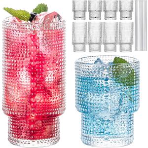 Hobnail Drinking Glasses, 8 pcs Glass Cups with straw, 4 Highball Glasses & 4 Rocks Glasses,Elegant Ripple Vintage Glassware, Ribbed Glasses, Iced Coffee Glasses for Cocktail Whiskey