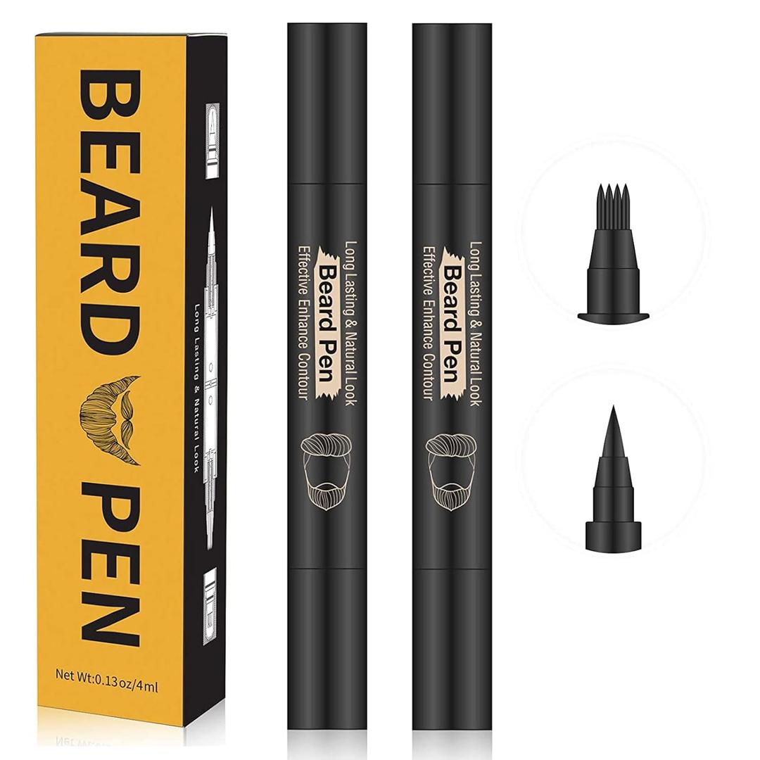 Beard Pencil Filler Kit - 4 Tip Pen and Brush for Men, Facial Hair Enhancer and Mustache Shaper (2 Black Pens)
