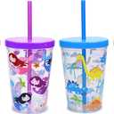 Home Tune 16oz Kids Tumbler Water Drinking Cup 4 Pack - BPA Free, Straw Lid Cup, Reusable, Lightweight, Spill-Proof Water Bottle with Cute Design for Girls & Boys (Unicorn & Mermaid & Dinosaur & Fruit)