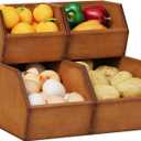 2 Set Bamboo Pantry Storage Bins Wood Stackable Baskets Potato and Onion Storage Bins Fruits Vegetable Bread Organization for Kitchen Counter (Antique White)