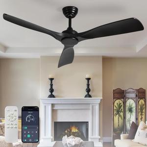 Ceiling Fan Without Light: 52 Inch Outdoor Fan for Patios - Black Ceiling Fan No Light Indoor - Modern 3 Blade Fan with Remote APP Control Reversible 6 Speed Noiseless (52"- no light)