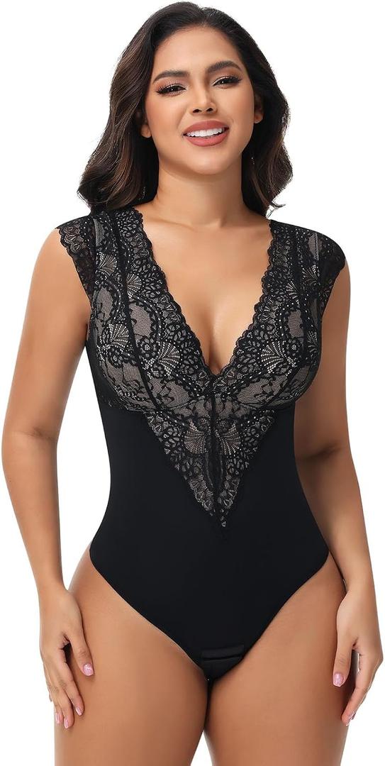 SHAPERIN Sexy Lace Bodysuit for Women Tummy Control Thong Shapewear Deep V Neck Body Suits Corset Tops Going Out Tank Top (Black, L)