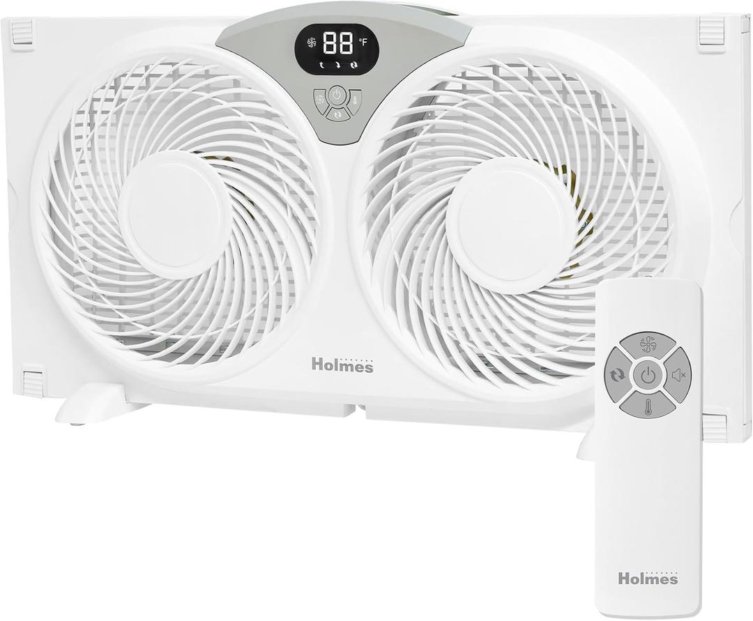 Holmes 9 Inch Digital CleanBreeze Window Fan with Programmable Thermostat Reversible Twin Blades Remote Control Water Resistant Quiet Cooling for Bedroom Living Room Home White, Large