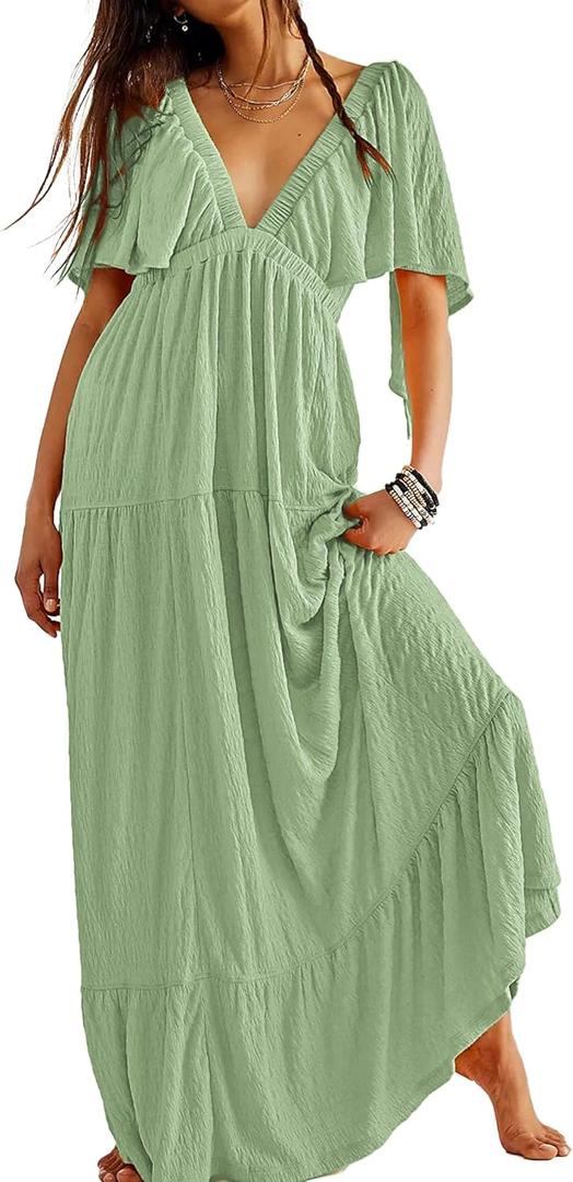 Kikibell Women Summer Dresses Sexy V-Neck Maxi Dress Tiered Silhouette with Flutter Sleeve Backless Elastic Waist Flowy Dress (Green) XL