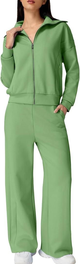 QINSEN Women's Cotton 2 Piece Outfits Lapel Long Sleeve Zip Up Sweatshirt Wide Leg Pants Matching Tracksuit Sets (Medium, Green)