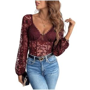 Milumia Women's Floral Lace Bishop Long Sleeve Bodysuit Sexy Sweetheart Neck Sheer Tops, L