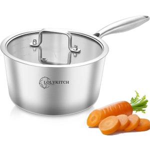 LOLYKITCH Tri-Ply Stainless Steel 2.5 QT Saucepan with Lid,Dia.18CM Induction Cooking Sauce Pot,Oven and Dishwasher Safe,Detachable Handle.