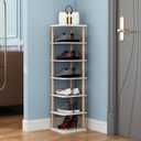LUCKNOCK 7 Tiers Vertical Shoe Rack, Narrow Shoe Organizer, Stylish Wooden Shoe Storage Stand, Space Saving Shoe Shelf, Shoe Tower, Free Standing Shoe Racks for Entryway, No-Tool Assembly, White