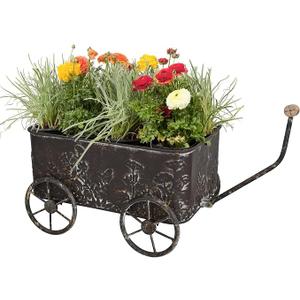 Vintage Flower Cart with Wooden Handles Metal Wagon Planter Brown Outdoor Plants, Garden Planter with Wagon Wheels, Decorative Wheelbarrow, Plant Cart, The garden planters size: 9.06"D x 12.8"W x 7.28"H