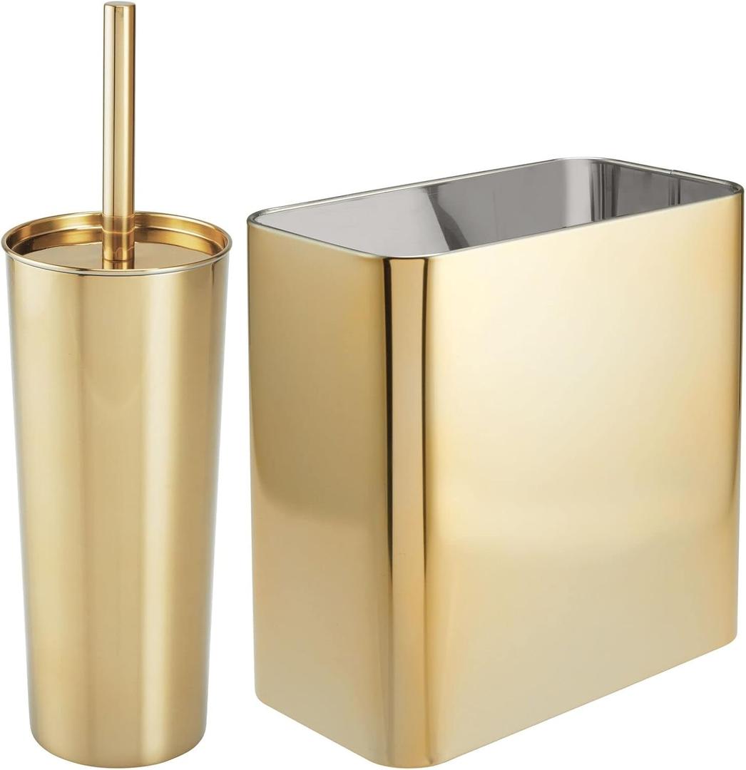 mDesign Modern Compact Freestanding MetalToilet Bowl Brush and Rectangle Open Wastebasket Garbage Can Combo Set for Bathroom Storage - Sturdy, Deep Cleaning - Brass