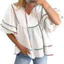 Cicy Bell Womens Summer Babydoll Tops V Neck Short Lantern Sleeve Shirts Cute Loose Fit Peplum Flowy Blouses, L