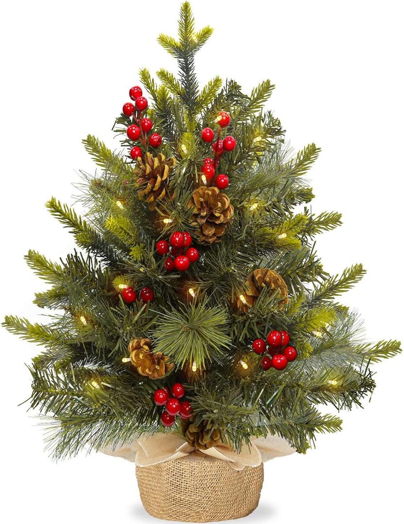 2ft Mini Small Christmas Tree with Lights Timer, Artificial Tabletop Christmas Tree with 30 LED Lights/59 PE&PVC Tips/Berries&Pinecones, 24 Inch Xmas Tree with Burlap Base for Holiday Indoor Decor