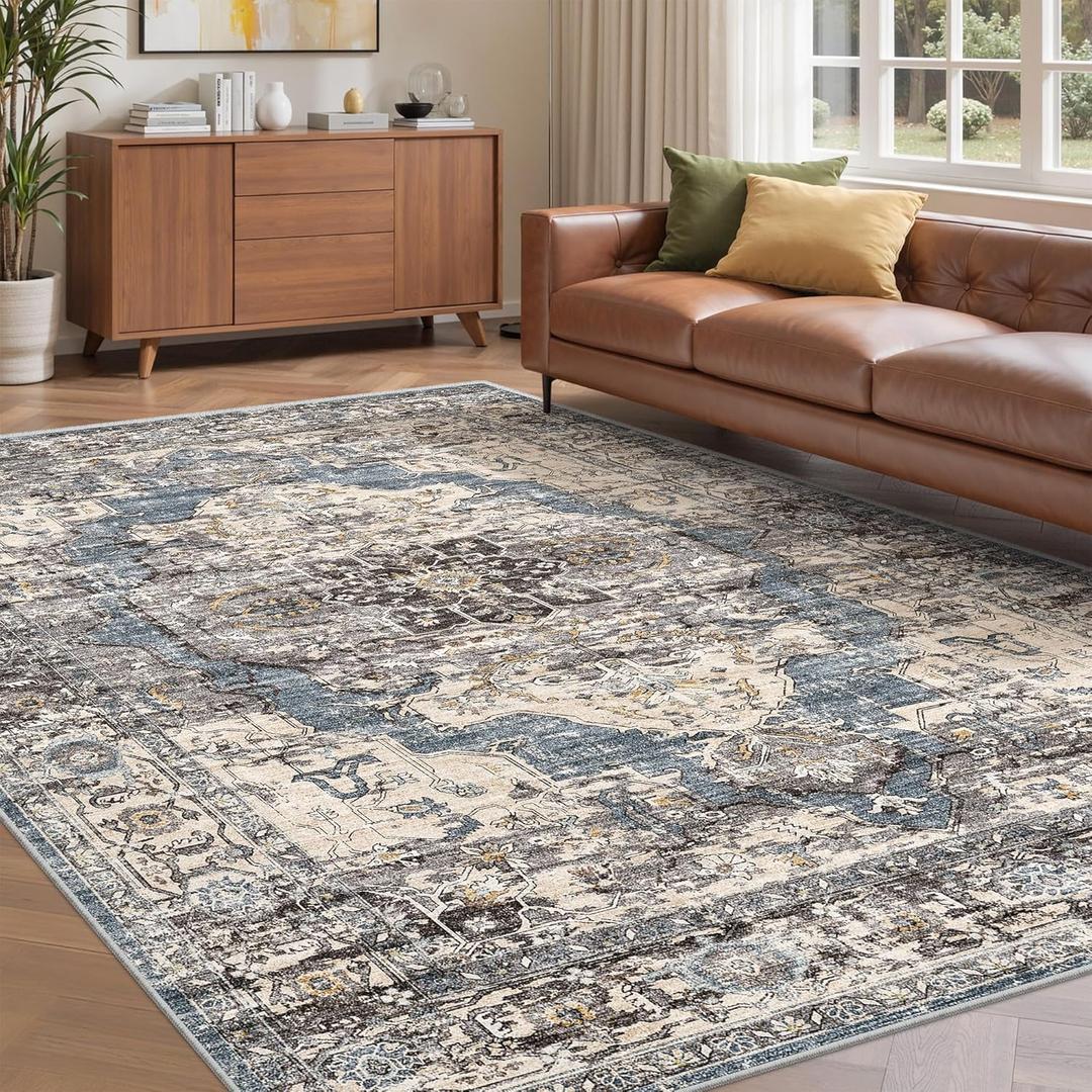befbee 6x9 Area Rugs for Living Room,Super Soft Ultra-Thin Stain Resistant Machine Washable Rugs for Bedroom,Non-Slip Backing Large Area Rug(Blue/Black,6'x9')