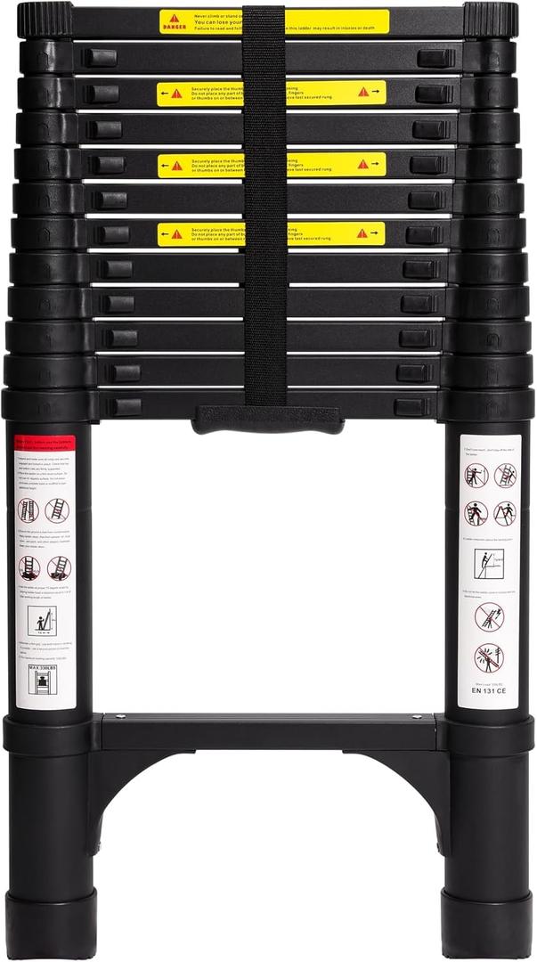 BOCOM 12.5 FT Aluminum Telescoping Ladder, Lightweight Multi-Purpose Collapsible Extension with 2 Triangle Stabilizers, Heavy Duty 330 lbs Max Capacity, Ideal for Home, RV, and Outdoor Work Black