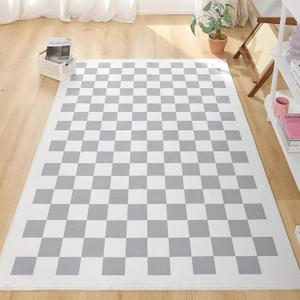TRUEDAYS Washable Rug for Home Decor 4x6 Grey Neutral Checkered Rug Square Soft Area Rug with Non-Slip Low Pile Gray Checkered Rug Floor Cover Indoor Carpet for Living Room/Dining Room/Bedroom