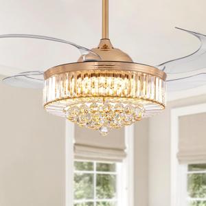 48 Inch Crystal Ceiling Fan with Light and Remote Modern Dimmable Fandelier Invisible Retractable Chandelier Fan Gold for Bedroom Living Room