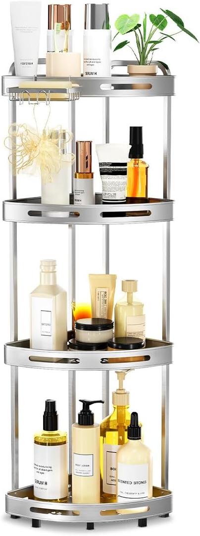 Corner Shower Caddy Stand, 4 Tier Rustproof Standing Shower Organizer with Soap Holder, Aluminum Shower Shelf for Bathroom Storage, Silver