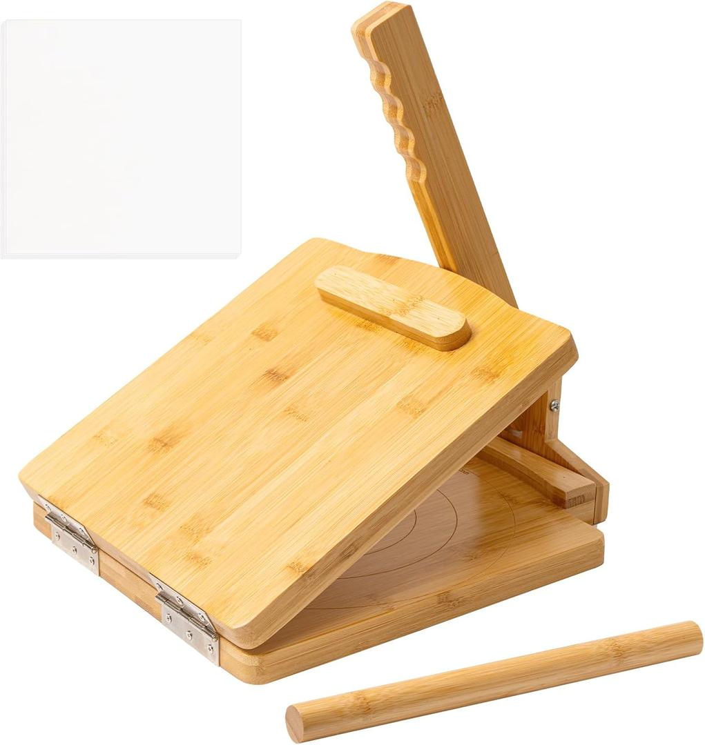 2025 Upgraded Wooden Tortilla Press 10 Inches Large Wood Tortilla Press Maker, with Rolling Pin & 50 Pcs Parchment Paper, for Homemade Tortillera, Roti, Chapati, Taco, Pataconera, Burritos (Square)